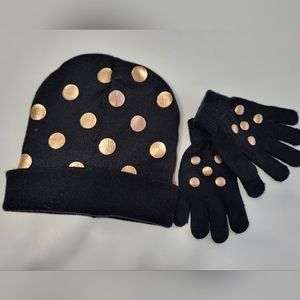 Kids Hat and Glove Black Winter Matching Set with Gold Polka Dots NEW